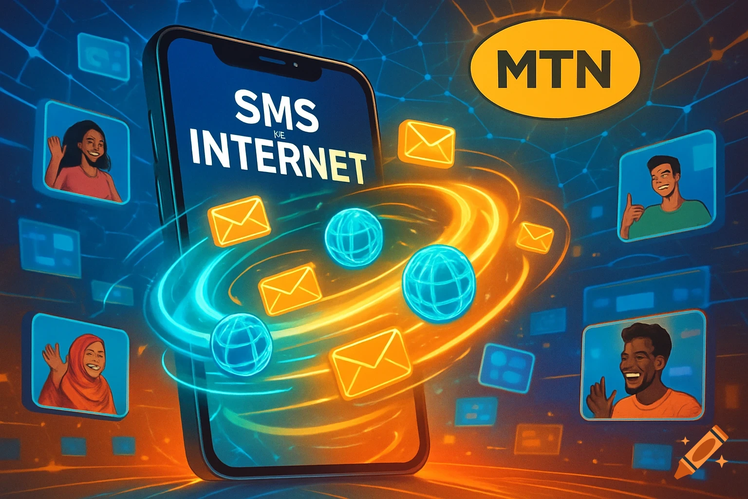 A smartphone displaying 'SMS INTERNET' with glowing network lines, floating envelopes, globes, and user profile icons, featuring the MTN logo.