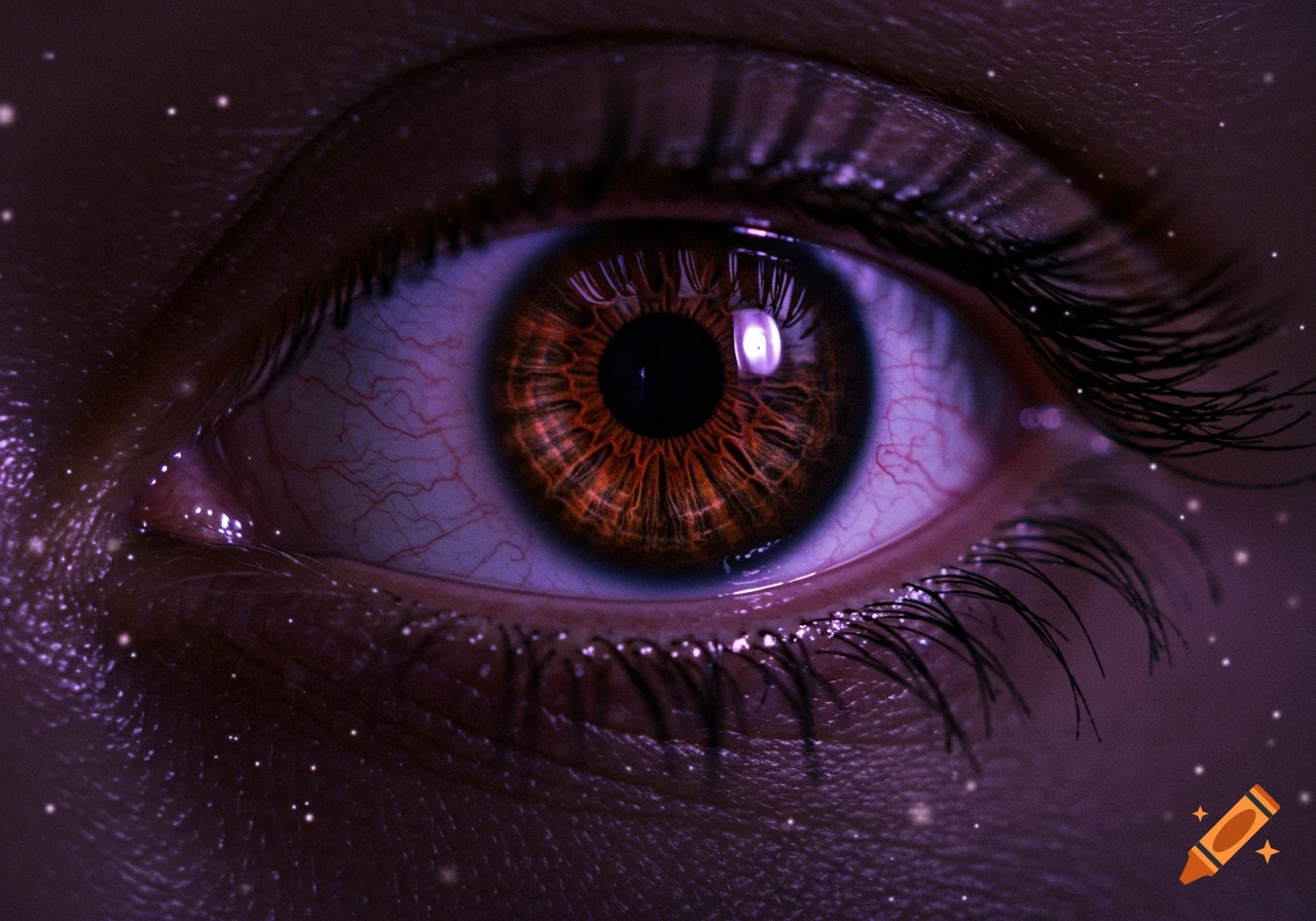 A dark brown human eye with an orange glow in the iris, surrounded by a light purple sclera and sparkling dust.