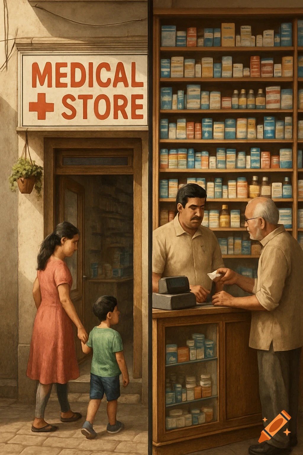 A woman and child approach an Indian medical store with a 'Medical Store' sign, while two men interact at the counter inside.