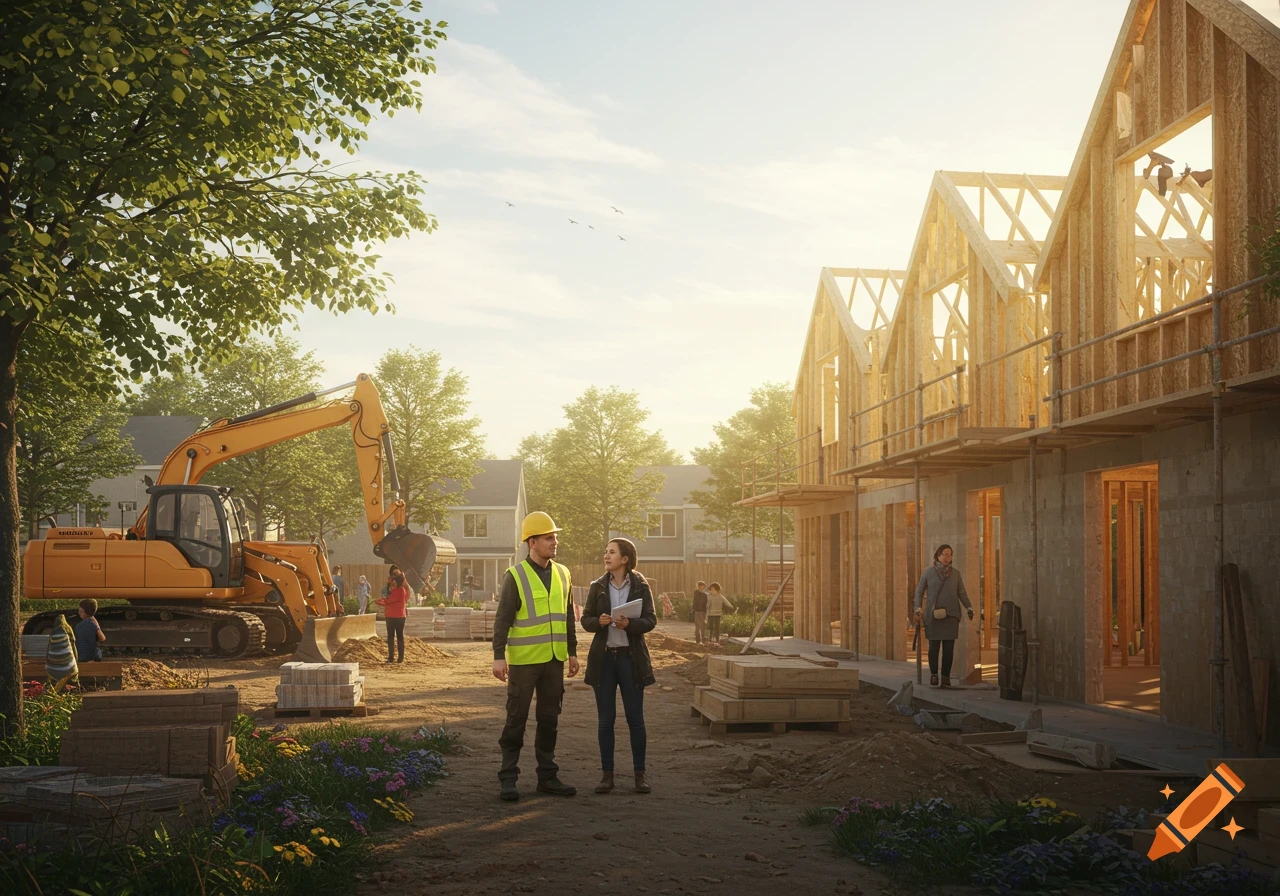 A man in a hard hat and a woman with a clipboard stand at a residential construction site with an excavator and new house frames.