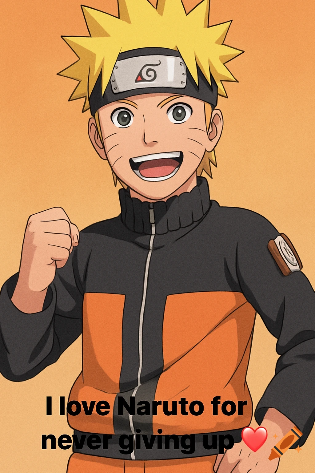 Vibrant anime illustration of Naruto Uzumaki smiling and clenching his fist, with text 'I love Naruto for never giving up ' on an orange background.