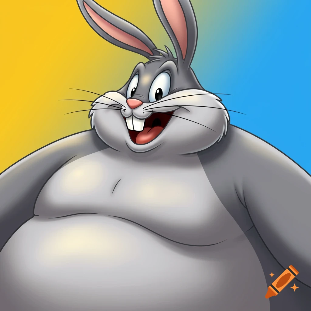 A cartoon illustration of an overweight Bugs Bunny, known as Big Chungus, smiling widely against a split yellow and blue background.