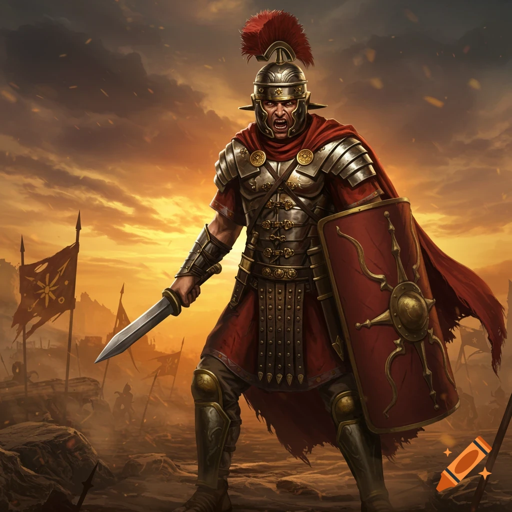 A belligerent Roman legionary in full armor with a sword and shield on a battlefield at sunset.