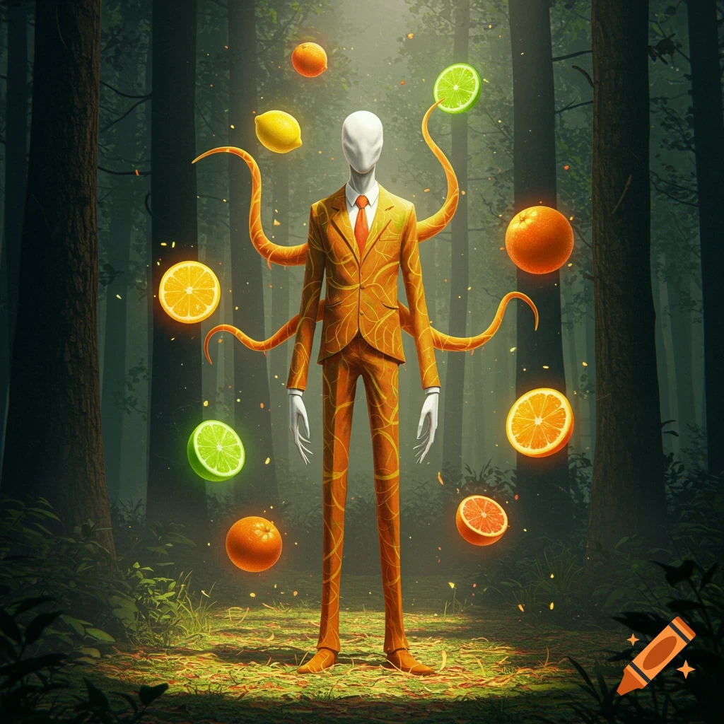 A faceless figure in an orange, citrus-patterned suit with tendrils stands in a dark forest amidst glowing lemons, limes, and oranges.