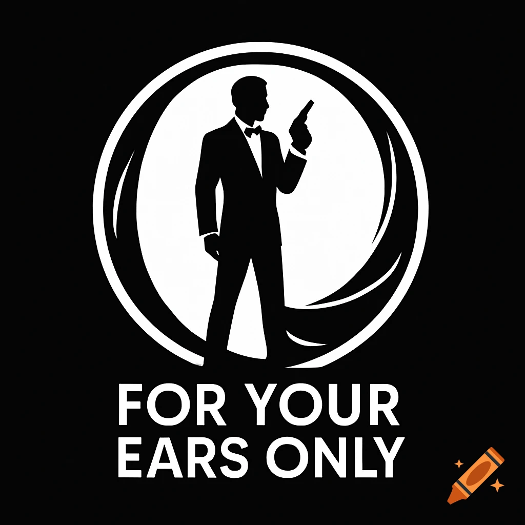 Black and white logo of a man in a suit holding a pistol within a stylized circle, with the text "FOR YOUR EARS ONLY".