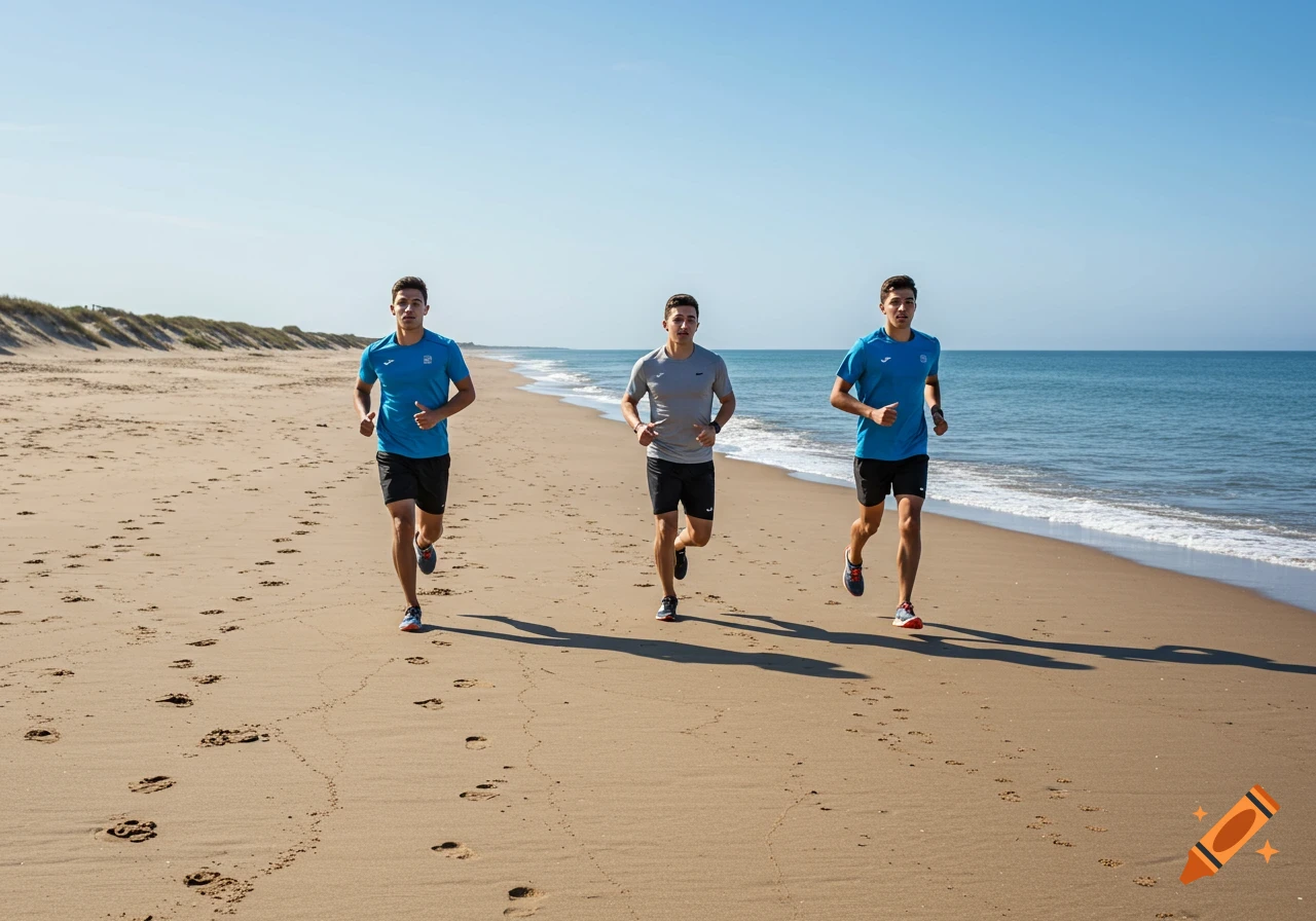 Three young men in athletic wear run along a sunny sandy beach next to the ocean, with footprints in the sand.
