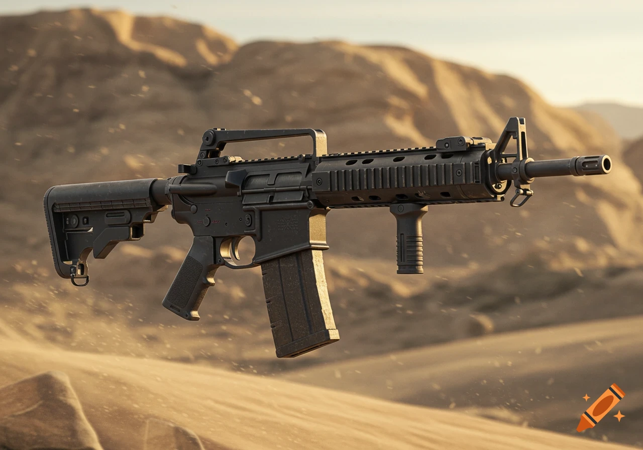 A detailed M4A1 rifle in a desert landscape with sand dunes in the background.