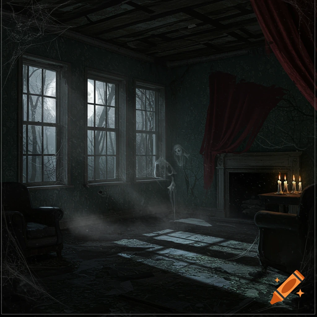 A dark, spooky room with three windows overlooking a foggy forest, featuring a ghostly figure, cobwebs, old furniture, and lit candles.