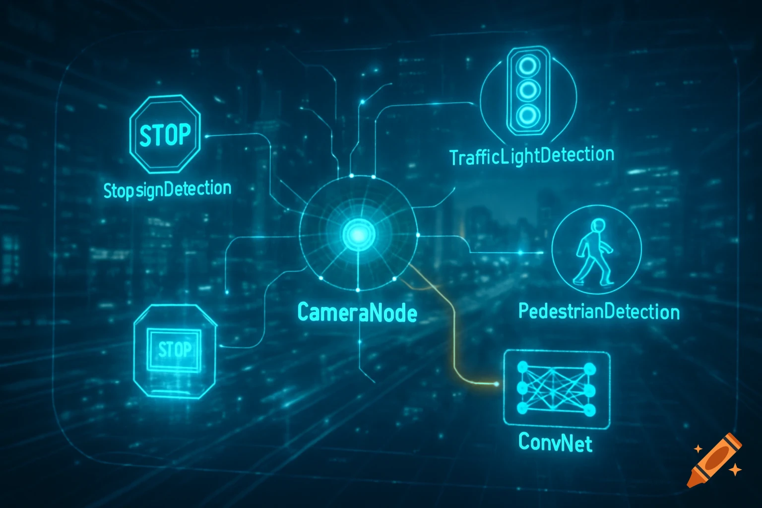 Blue glowing diagram illustrating a CameraNode processing data for StopSignDetection, TrafficLightDetection, PedestrianDetection, and ConvNet.