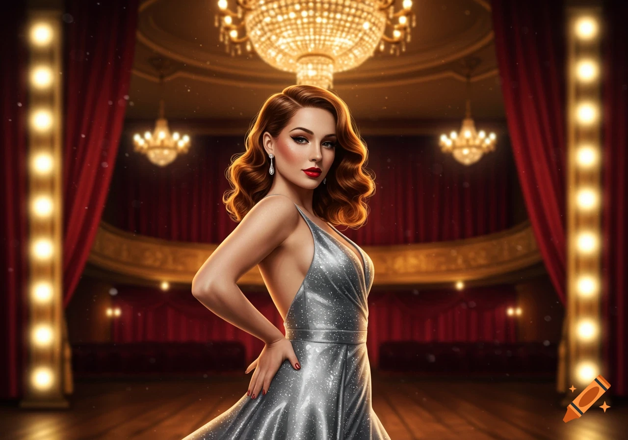 A glamorous woman with red hair and a sparkly silver dress poses on a theater stage with red curtains and chandeliers.