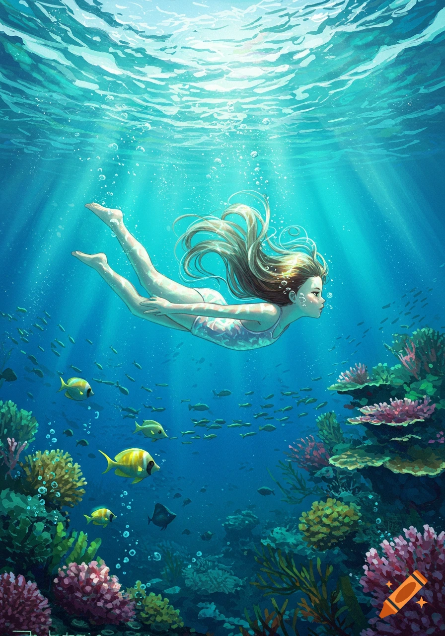 An illustrative image of a girl swimming gracefully underwater amidst a vibrant coral reef and schools of fish.