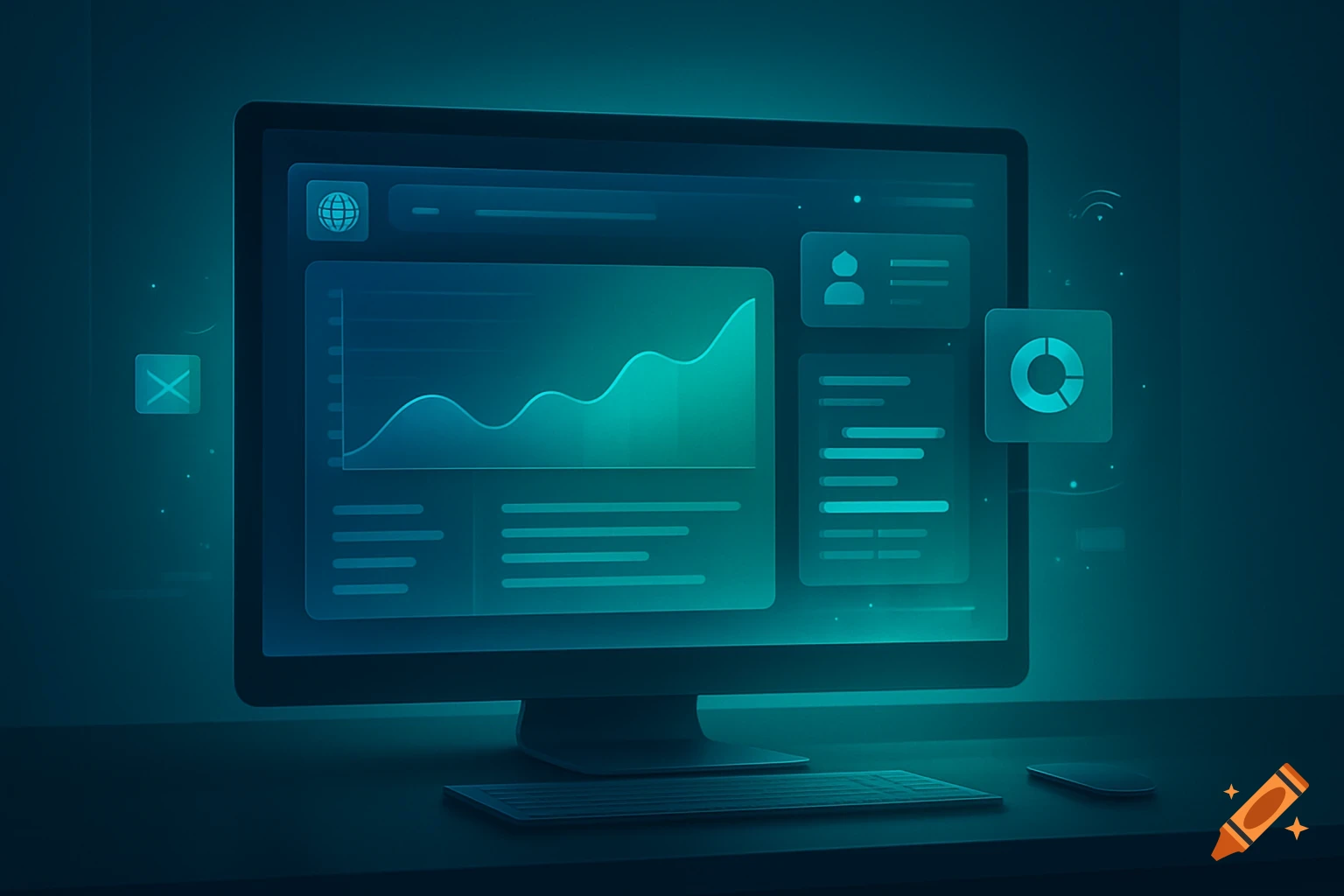 A dark computer monitor displays a glowing teal web application featuring a line graph, user profile icon, and data widgets on a desktop.