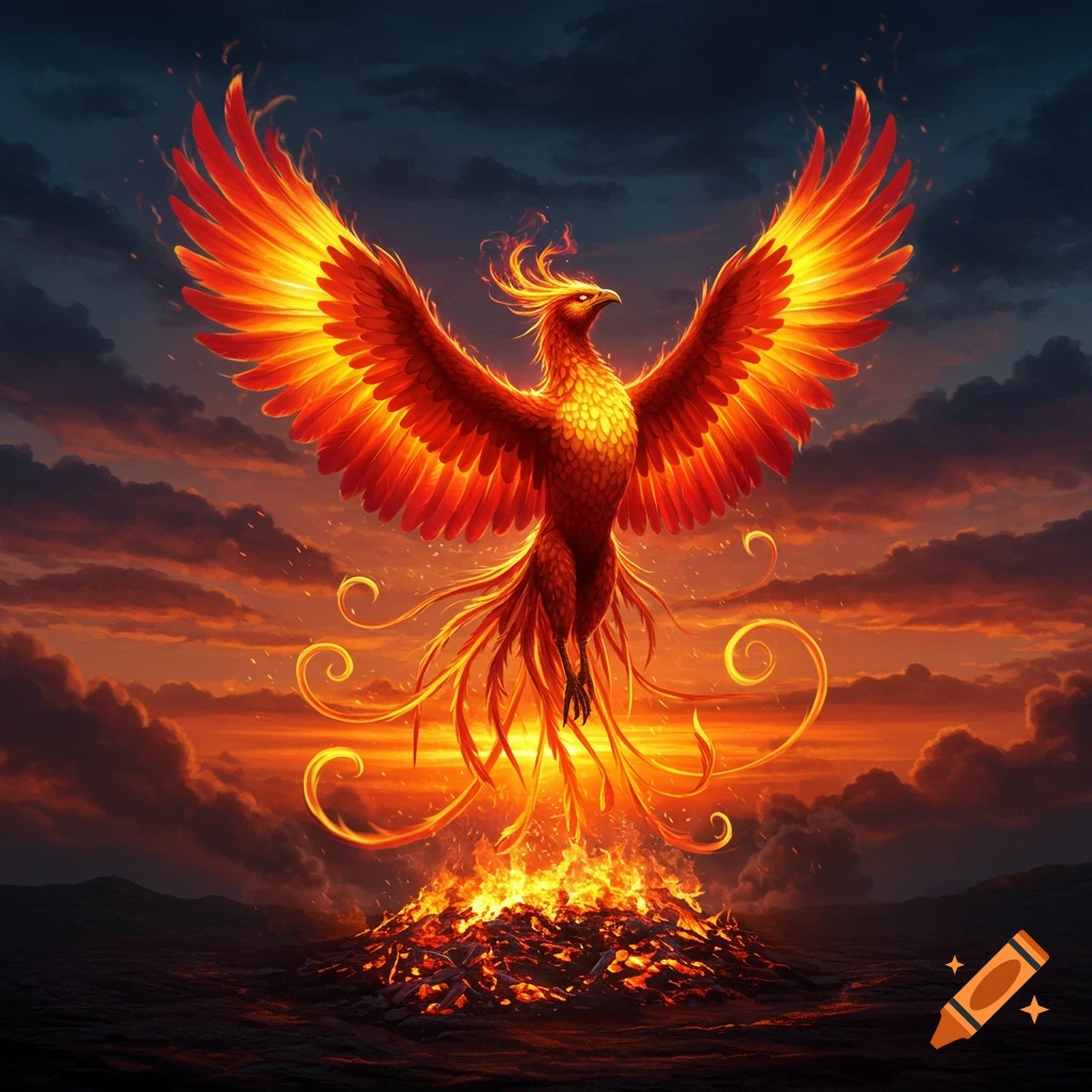 A vibrant, fiery phoenix with outstretched wings rises majestically ...