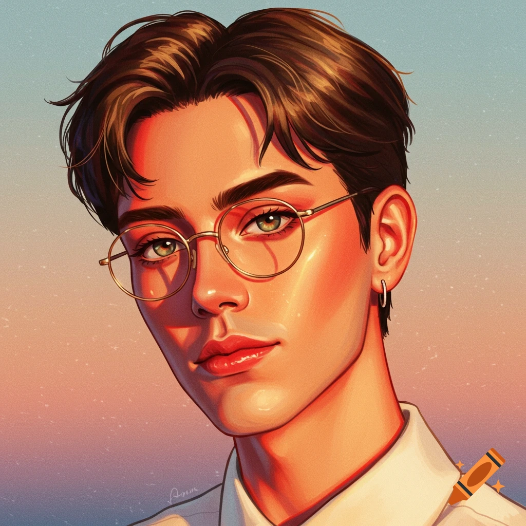 Stylized digital art portrait of a young person with green eyes, dark hair, and round glasses, bathed in warm, glowing light.