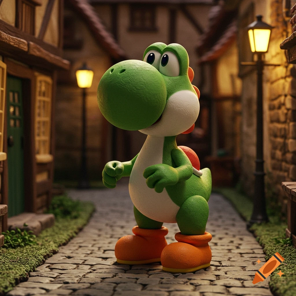 A textured claymation-style Yoshi stands on a cobblestone street lined with charming old-fashioned buildings and glowing streetlights.