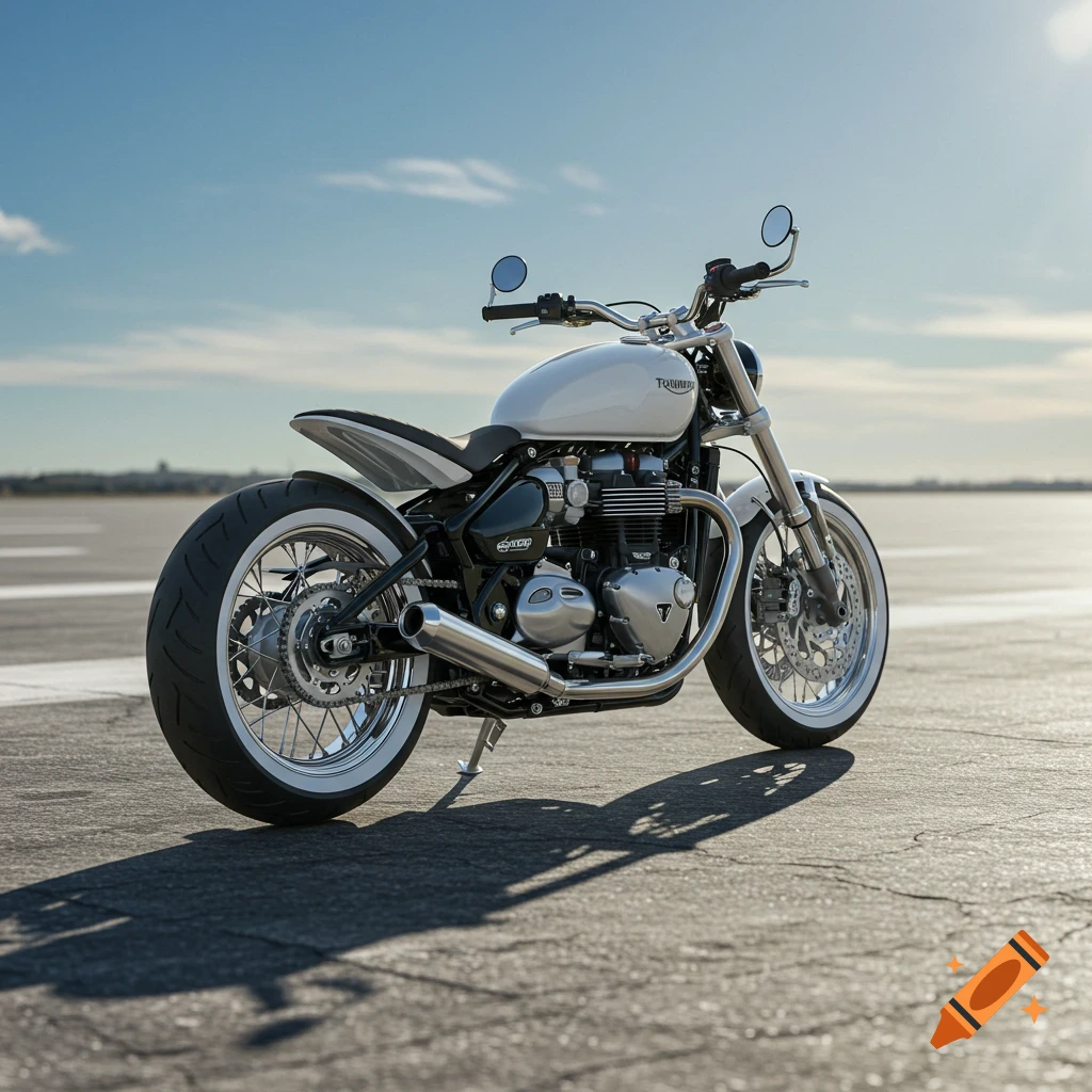 White Triumph Bonneville Bobber motorcycle with whitewall tires parked on asphalt under a clear blue sky, photorealistic style.