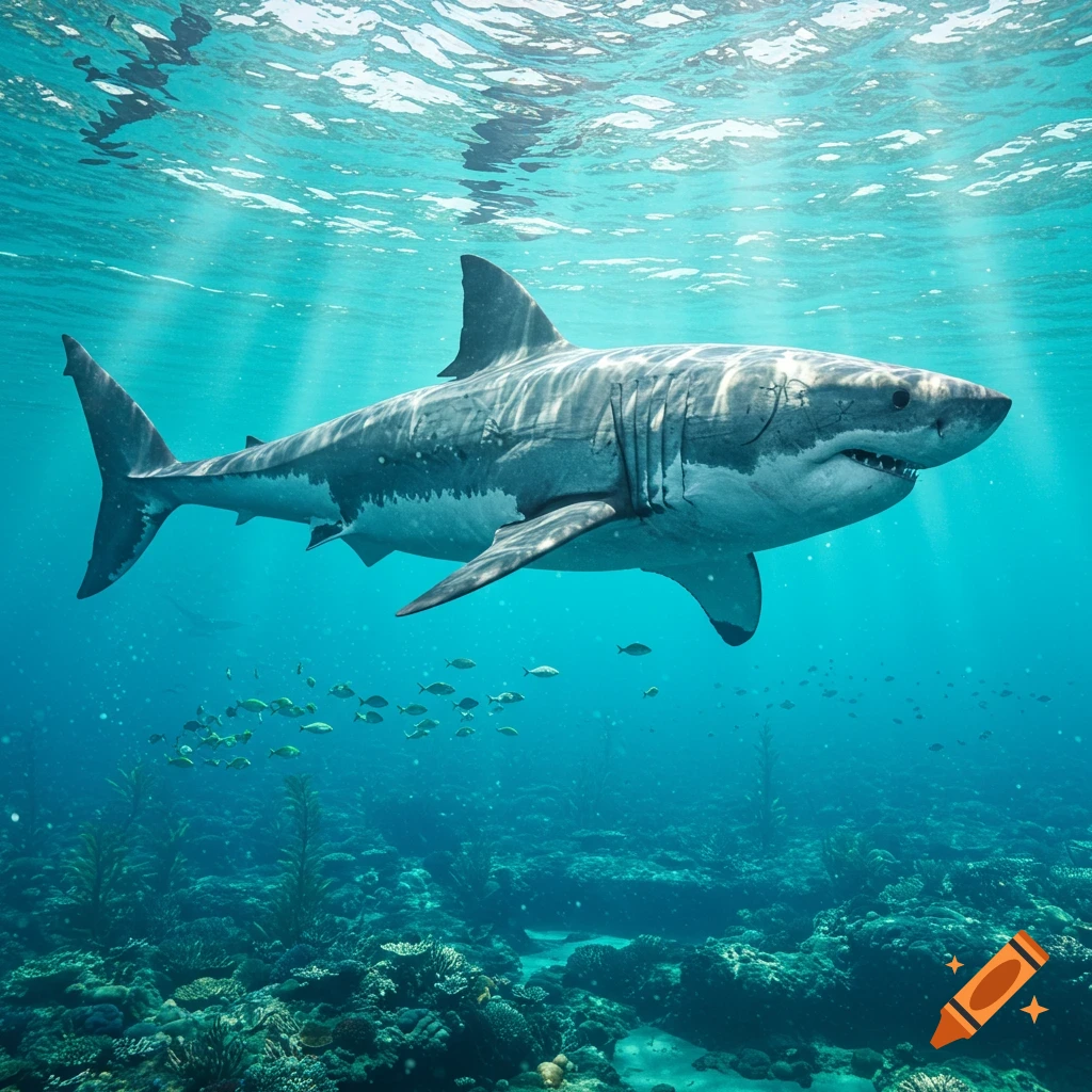 A photorealistic great white shark swims through sunlit clear blue ocean water above a vibrant coral reef.