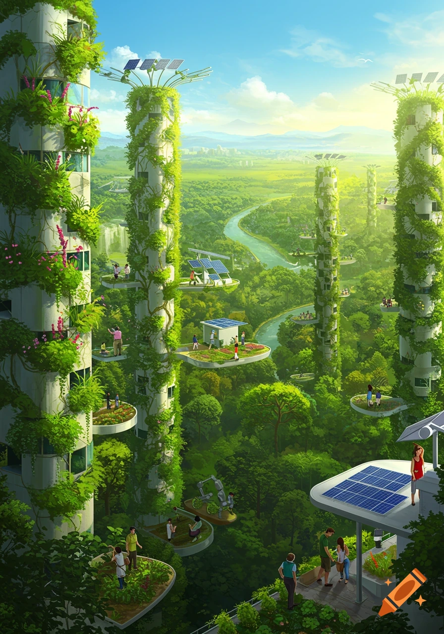 A vibrant vertical cityscape with lush, plant-covered buildings, solar panels, and people on elevated platforms, nestled in a vast green forest with a winding river under a bright sky.