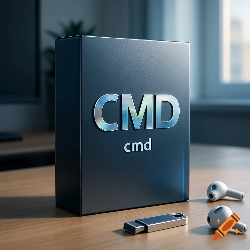 A black product box with "CMD" text, a silver USB drive, and two white earbuds on a wooden desk. Photorealistic.