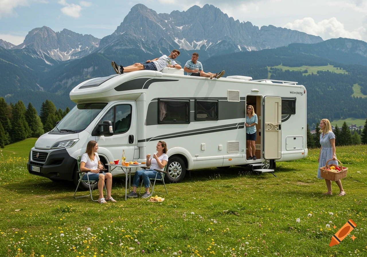Family picnic by a campervan in the sunny Alps. Two men on the roof, two women at a table, one bringing a basket.