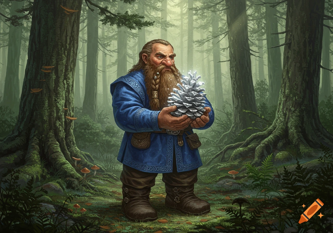 A bearded dwarf in a blue tunic holds a glowing silver pine cone in a misty forest.