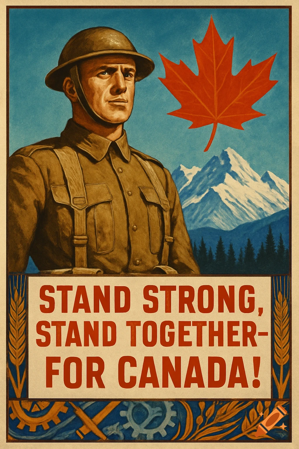 Vintage Canadian propaganda poster with a soldier, maple leaf, mountains, and text "STAND STRONG, STAND TOGETHER- FOR CANADA!"