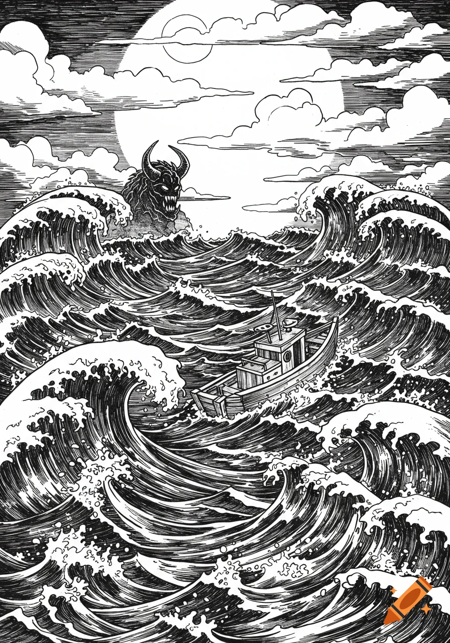 A small boat in a black and white ink illustration, tossed by huge waves as a horned monster rises from the ocean under a crescent moon.