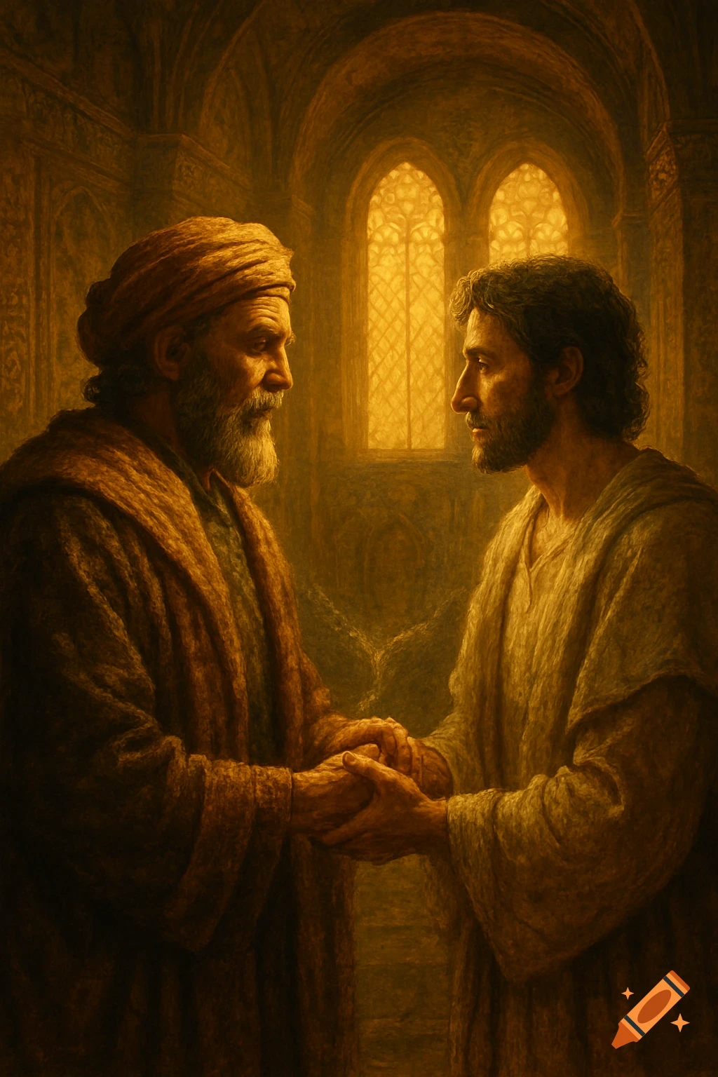 Two bearded men in ancient robes hold hands in a warmly lit, arched room with stained glass windows, in a painterly style.