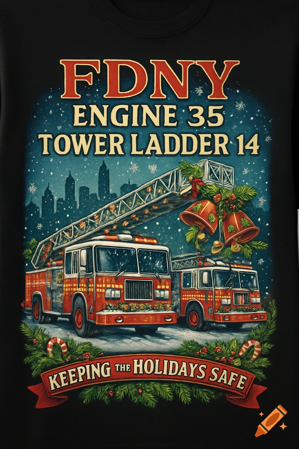 Christmas T-shirt design with two festive FDNY fire trucks, Engine 35 and Tower Ladder 14, in a snowy cityscape. Text: 'Keeping the Holidays Safe'.
