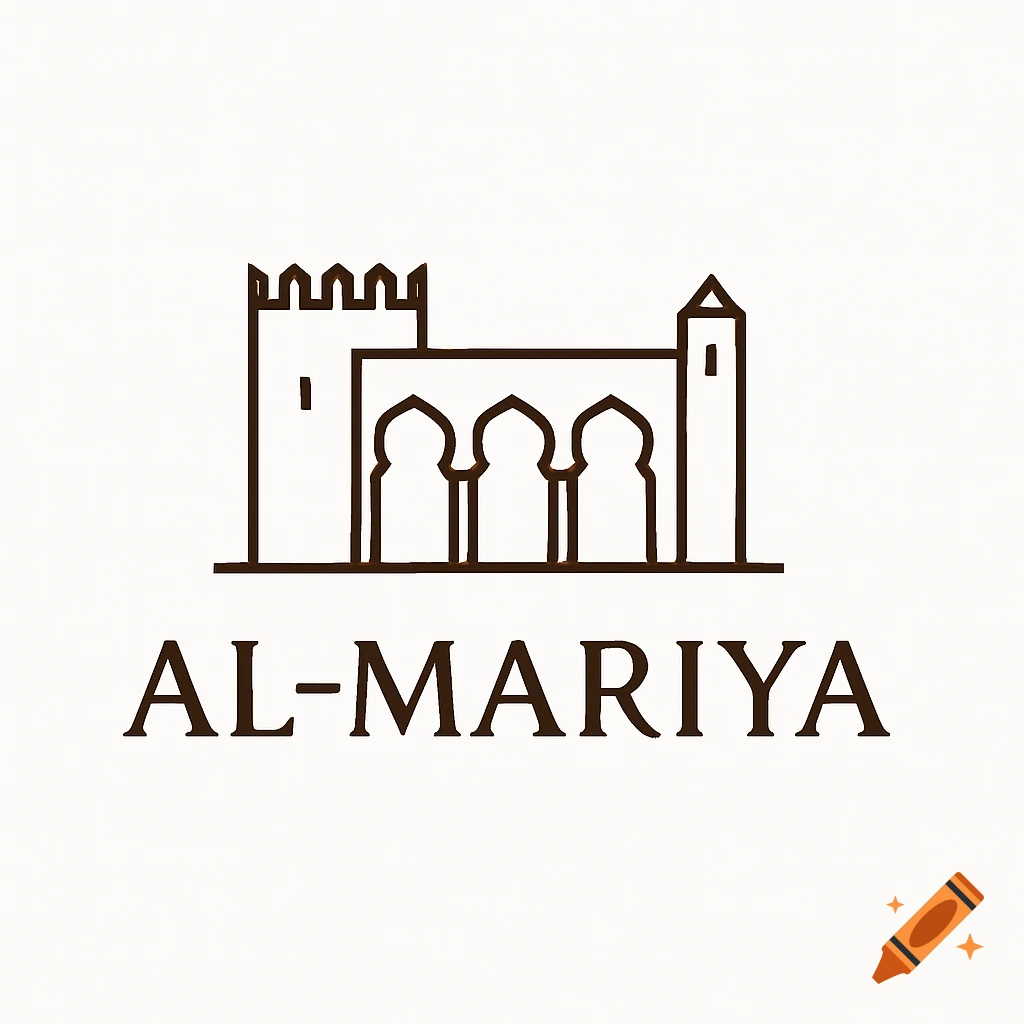 Minimalist line art logo featuring an Arab-style building with arches and a tower, with 'AL-MARIYA' text below.