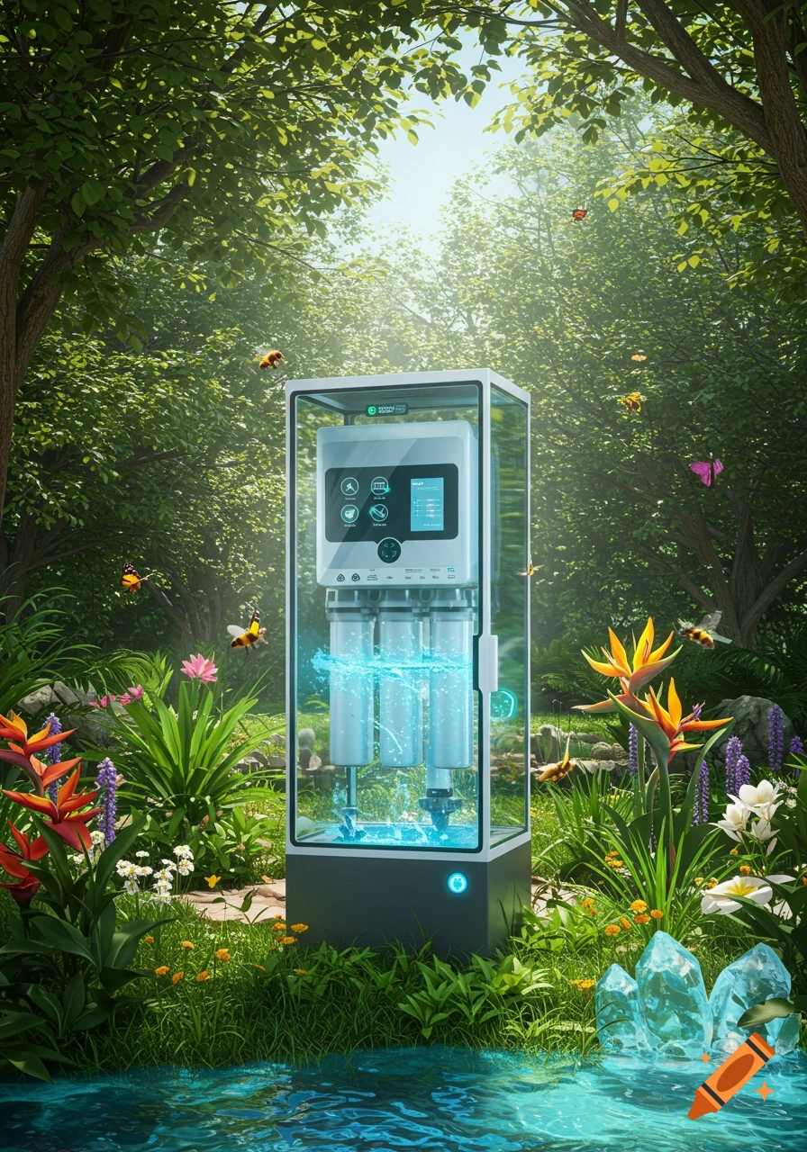 A futuristic water purification system glows blue in a lush, sunlit forest with flowers, butterflies, and a stream.