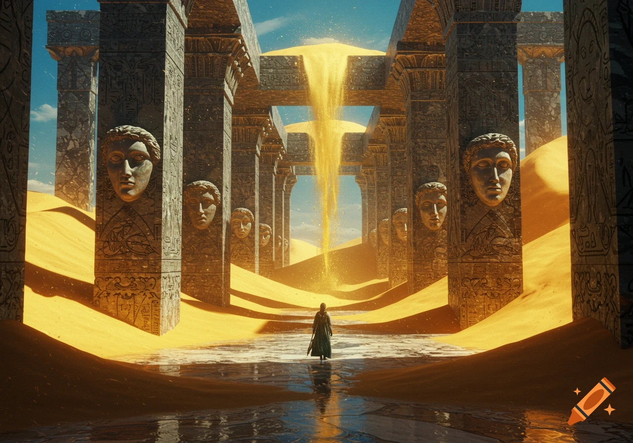 A lone figure stands on a wet, sandy path between monumental ancient pillars with carved faces, under sand raining from a bright sky.