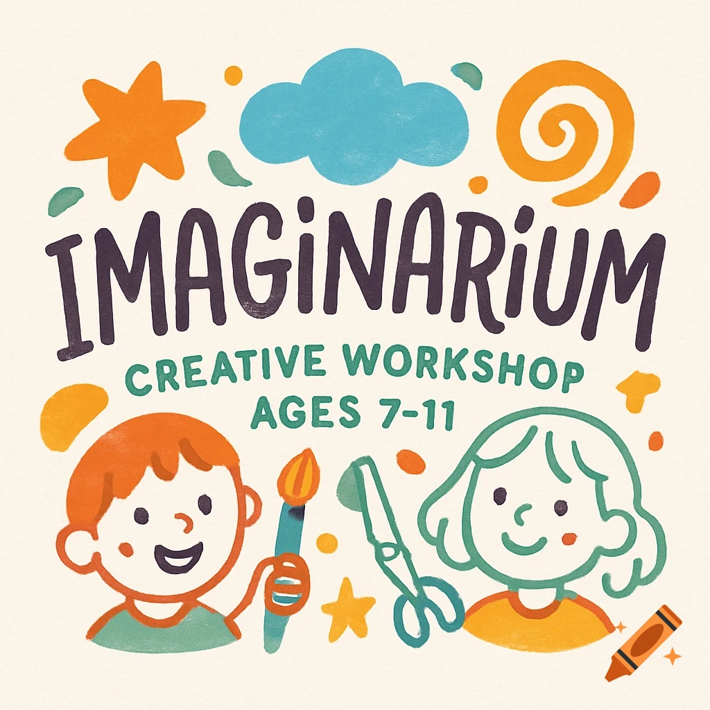 A whimsical logo for 'Imaginarium Creative Workshop Ages 7-11', featuring two smiling children with a paintbrush and scissors, surrounded by colorful shapes like a cloud, star, and swirl.