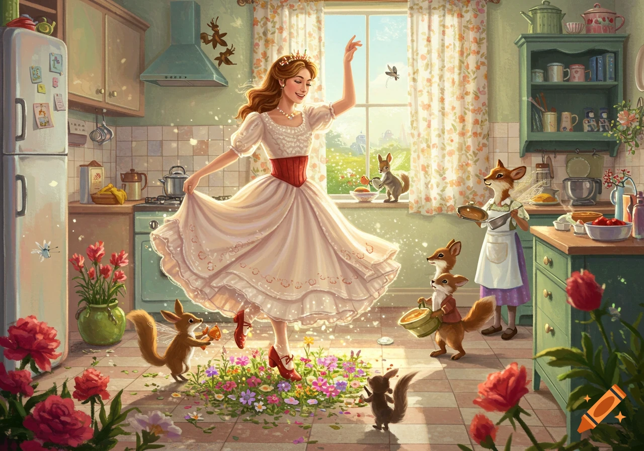 A princess-like woman in a white dress and crown dances in a whimsical kitchen, with flowers blooming under her feet. Anthropomorphic animals, including foxes and squirrels, assist with meal preparation.