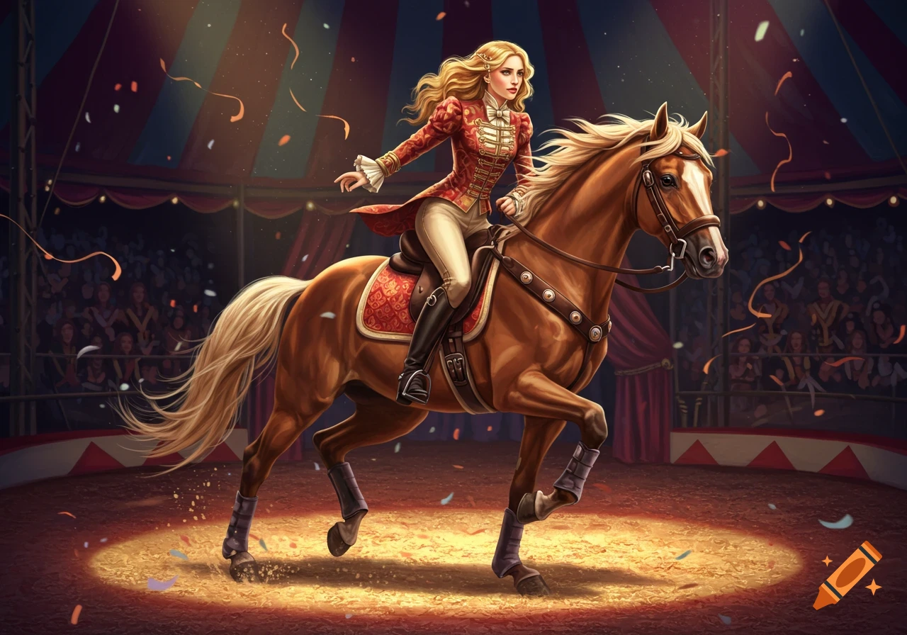 A blonde woman in a red ringmaster jacket rides a brown horse in a spotlighted circus ring. Illustrated.