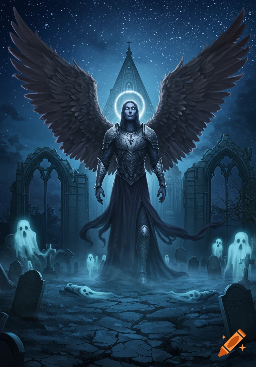 A dark angel with large wings and a halo stands in a misty, moonlit graveyard with ghosts and a gothic church in the background.