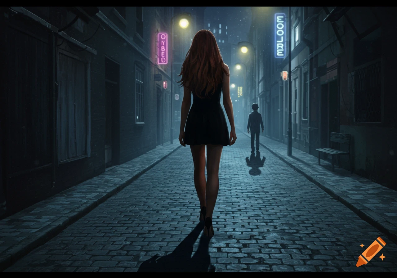 A woman in a black dress walks down a dark, cobblestone city street at night with neon signs, followed by a small shadowy figure.