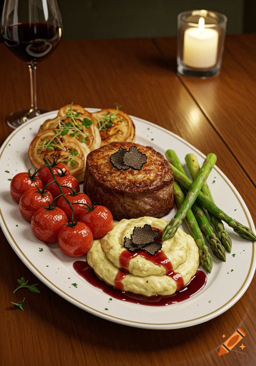 A photorealistic image of a gourmet meal featuring steak, mashed potatoes with truffles, asparagus, cherry tomatoes, puff pastry, red wine, and a candle.