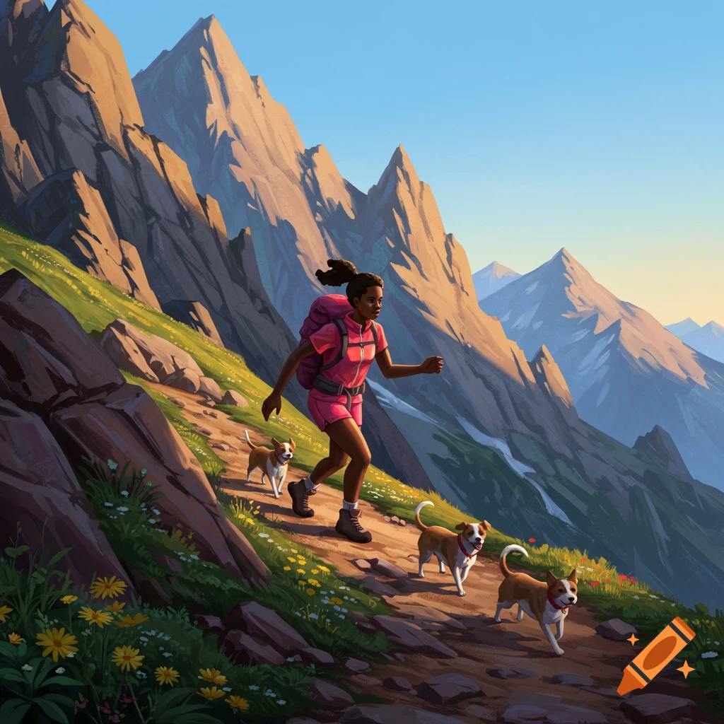 A female hiker in pink with a backpack runs up a mountain trail, accompanied by three small dogs, against a backdrop of jagged peaks.