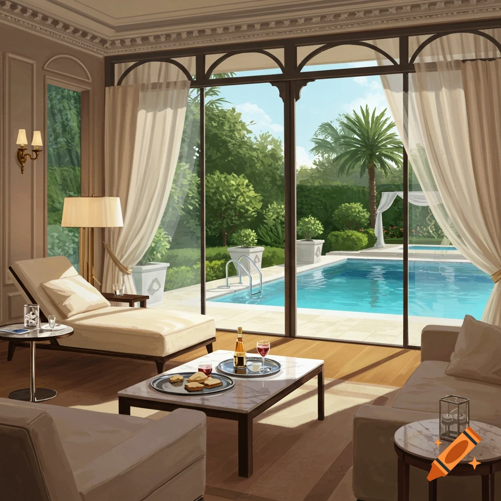 A luxurious veranda with a chaise lounge, sofa, and coffee table overlooking a swimming pool and lush garden.