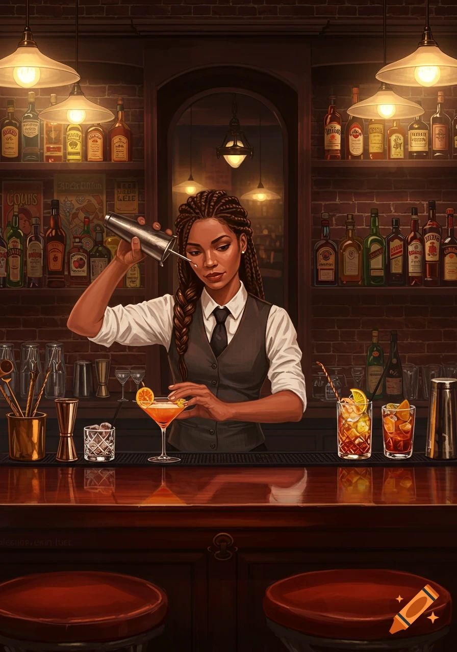 A female bartender with braided hair mixes drinks behind a dimly lit bar, garnishing a cocktail in a stylized digital illustration.