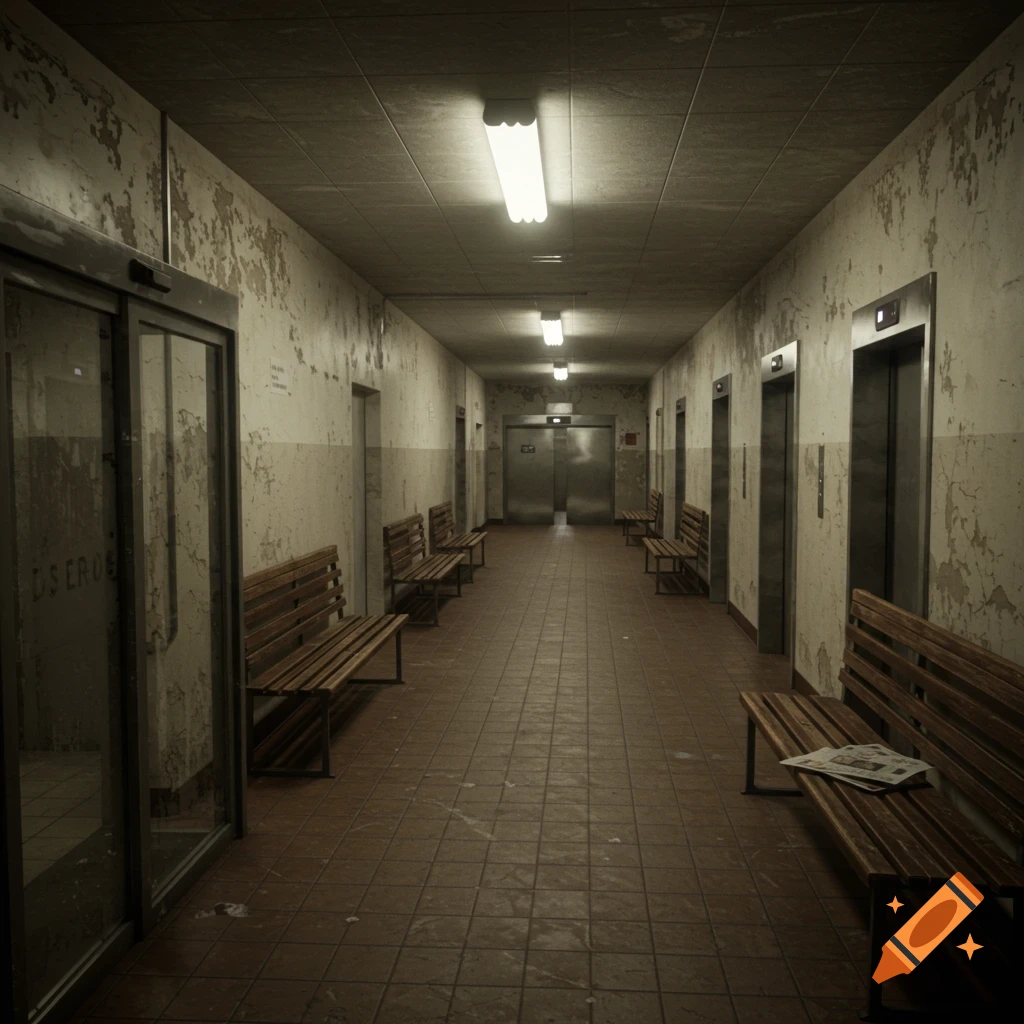 A long, dimly lit, dilapidated hallway in a social housing building with peeling paint, multiple elevators, wooden benches, and tiled floors, rendered in a gritty style.