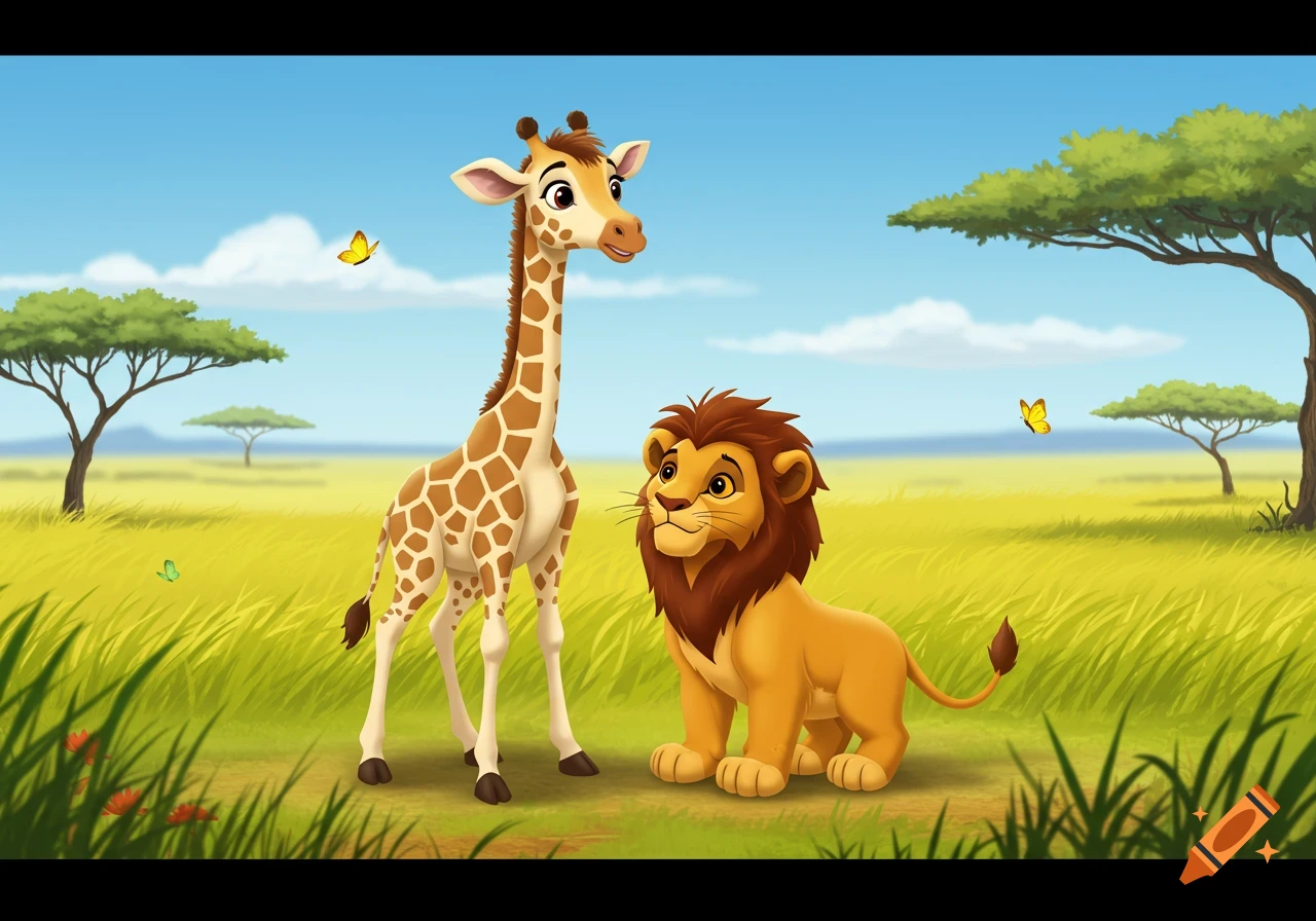 A cartoon young giraffe and a young lion stand together in a vibrant green savanna with acacia trees and butterflies.