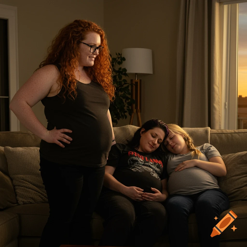 A red-haired pregnant woman stands smiling next to two pregnant women napping on a couch in a living room at sunset.