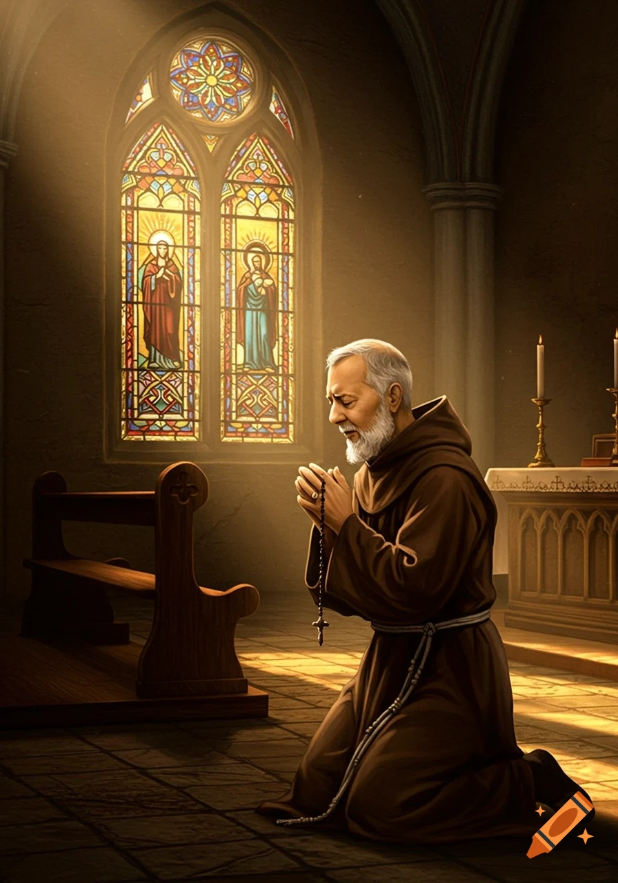 A bearded friar kneels in prayer, holding a rosary in a church with vibrant stained glass windows, light streaming through.