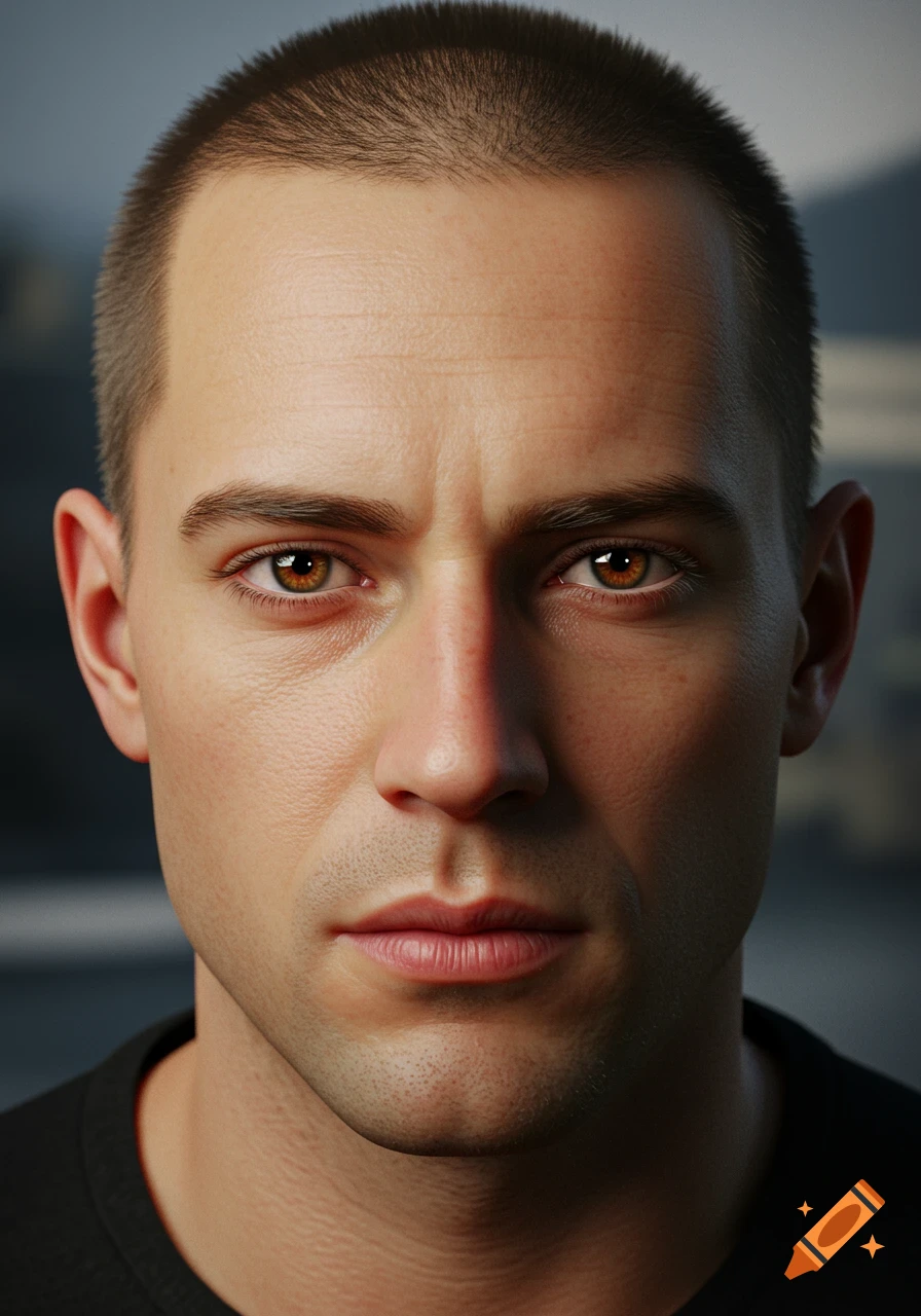 A photorealistic portrait of a man with short buzzed hair, brown eyes, and a prominent nose.