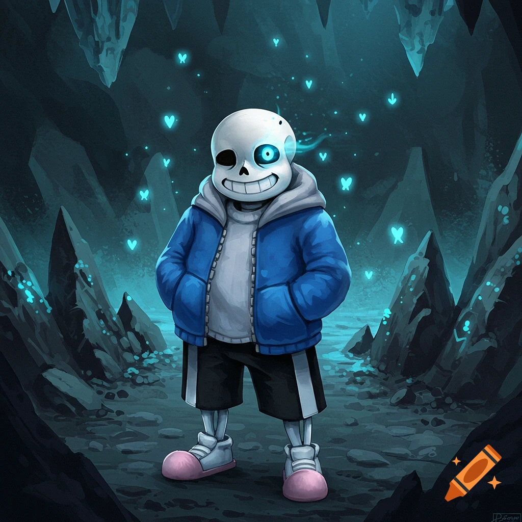 Sans from Undertale, a smiling skeleton in a blue jacket, stands in a dark, glowing blue cave with floating heart-shaped lights.