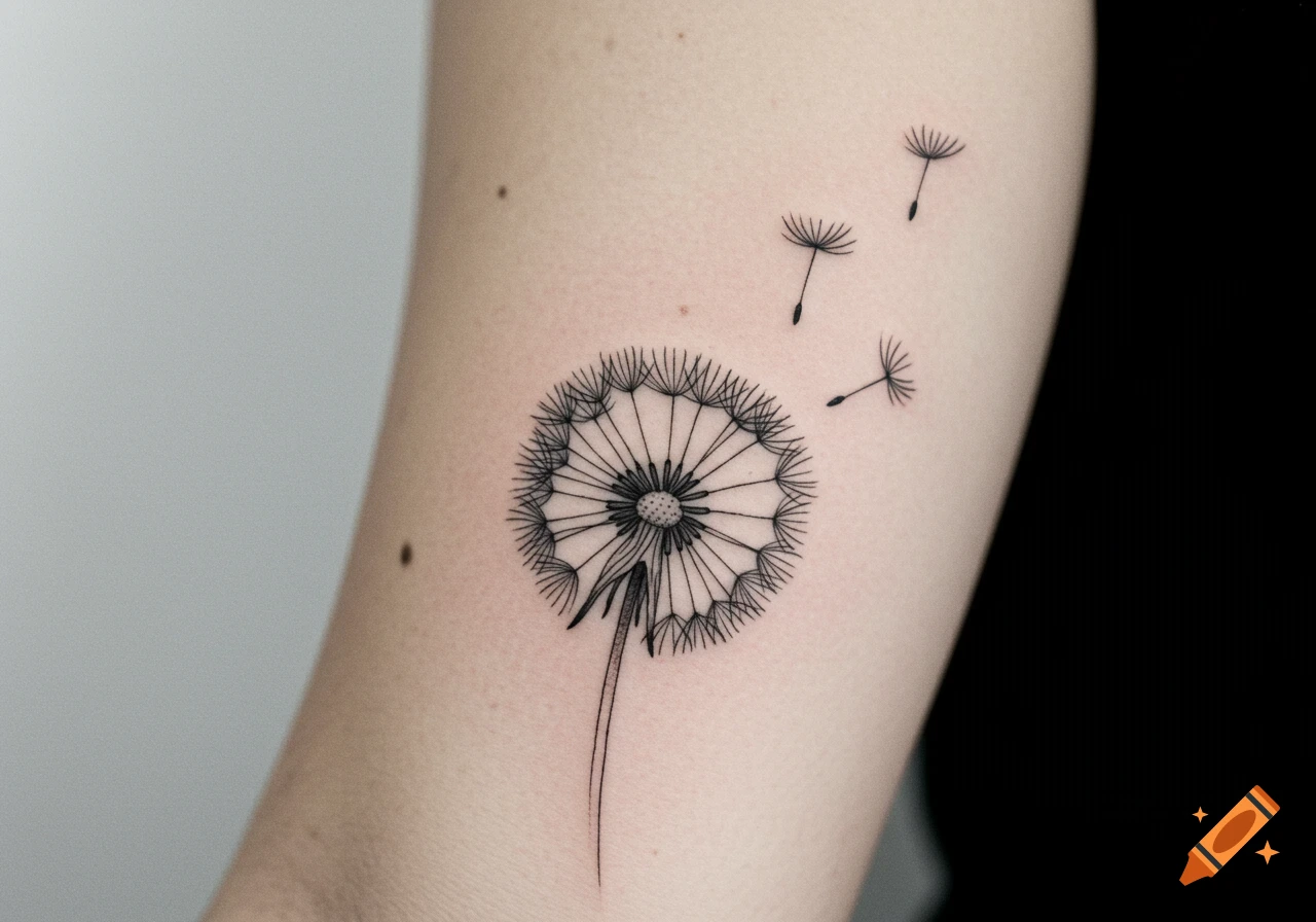 A minimalist black line art dandelion tattoo on a person's arm, with seeds blowing away.