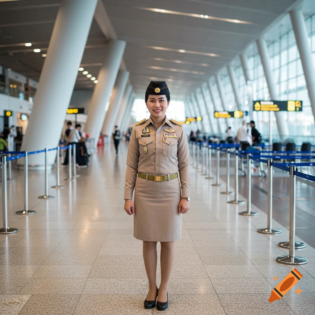 A smiling Thai customs officer in a beige uniform stands in an airport terminal, hands at her sides.