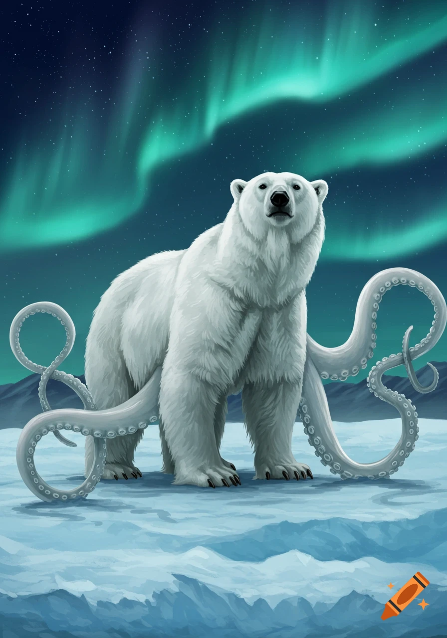 A white polar bear with grey octopus tentacles emerging from its back stands on ice under a vibrant green aurora borealis sky.